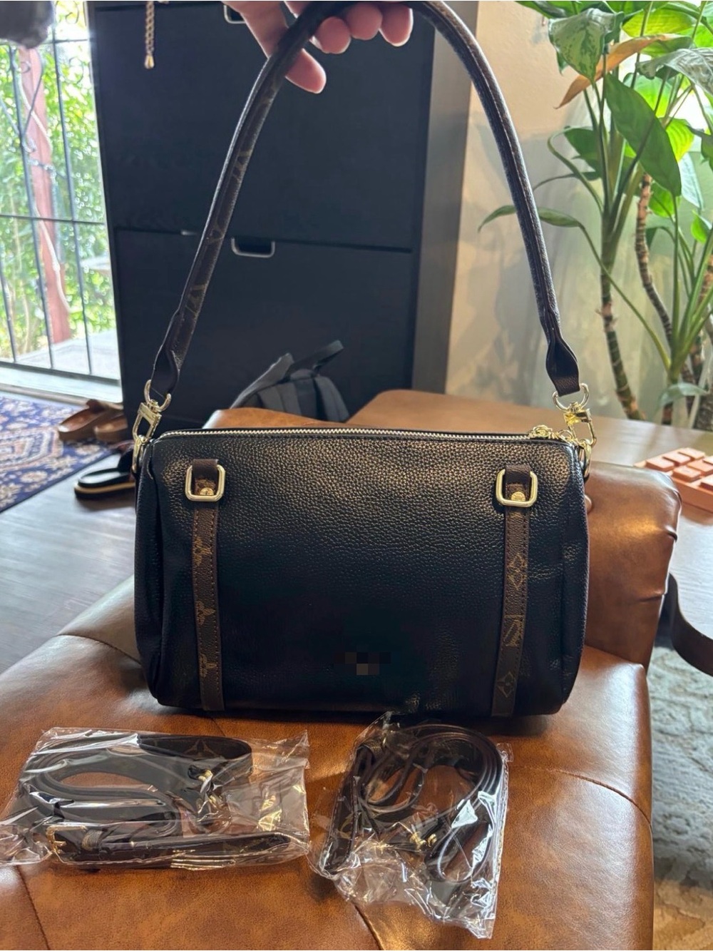 Black Pebbled Shoulder Bag with Gold Hardware